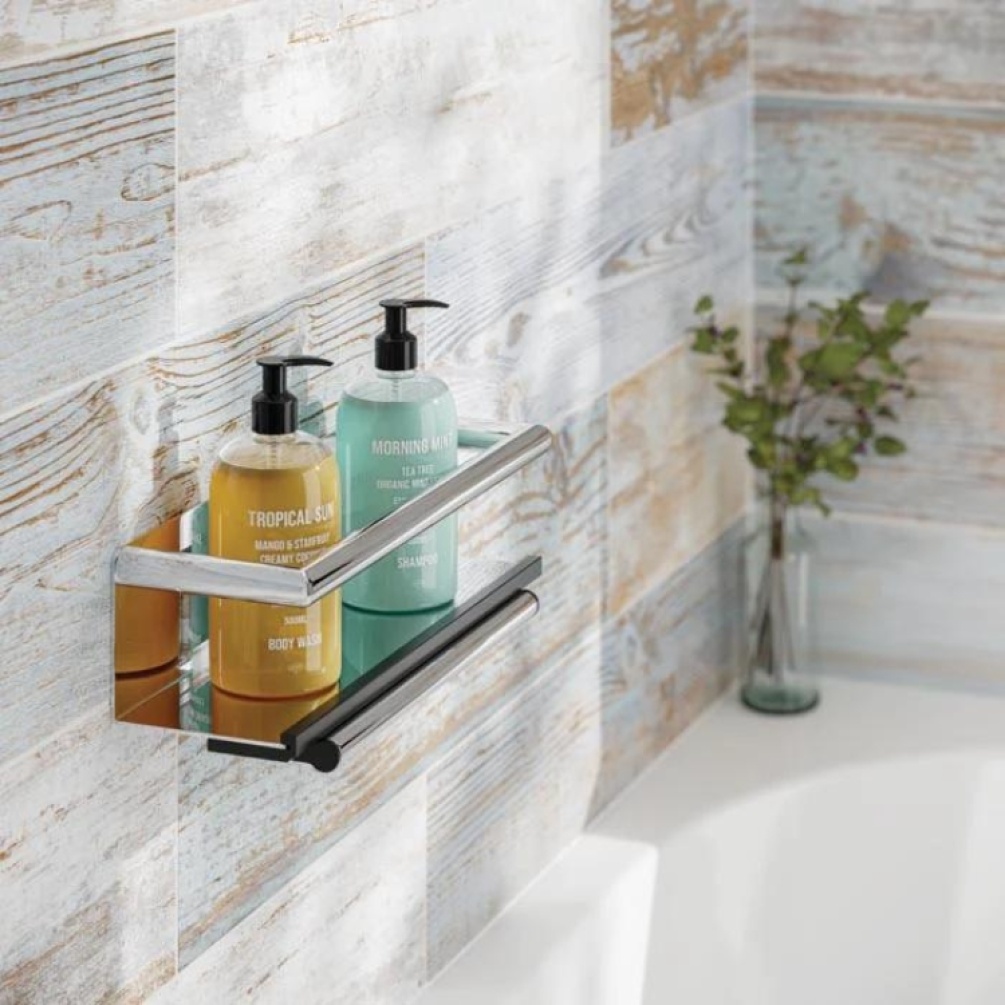 Product Lifestyle image of the HIB Multi Feature Shower Shelf holding two bottles
